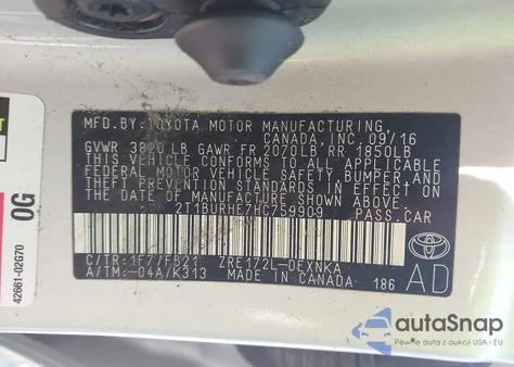 2017 Toyota Corolla Le из США, поврежденный, VIN 2T1BURHE7HC759909